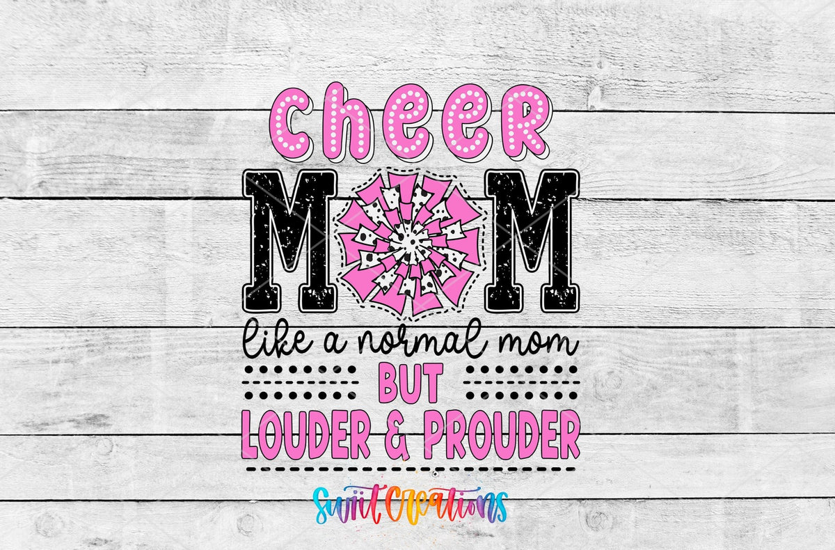 Cheer Mom pink letters UV DTF transfer artwork on a white wood background