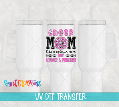 Cheer Mom pink letters UV DTF transfer on white 40 oz tumblers