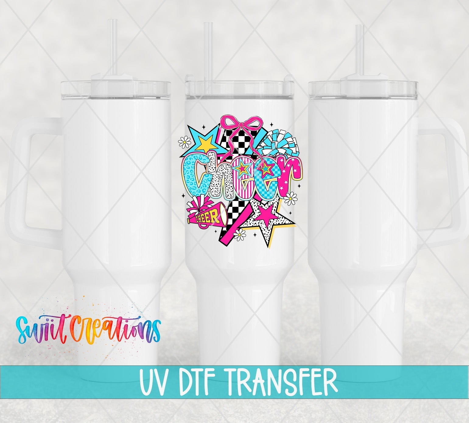 Cheer UV DTF transfer applied to a white tumbler set from Swiit Creations