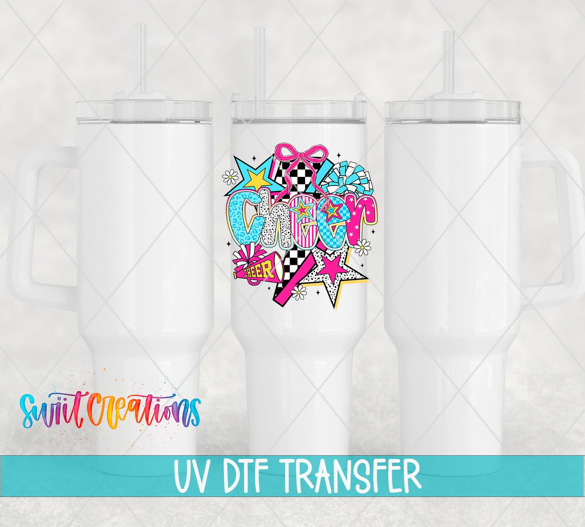 Cheer UV DTF transfer on white 40 oz tumblers