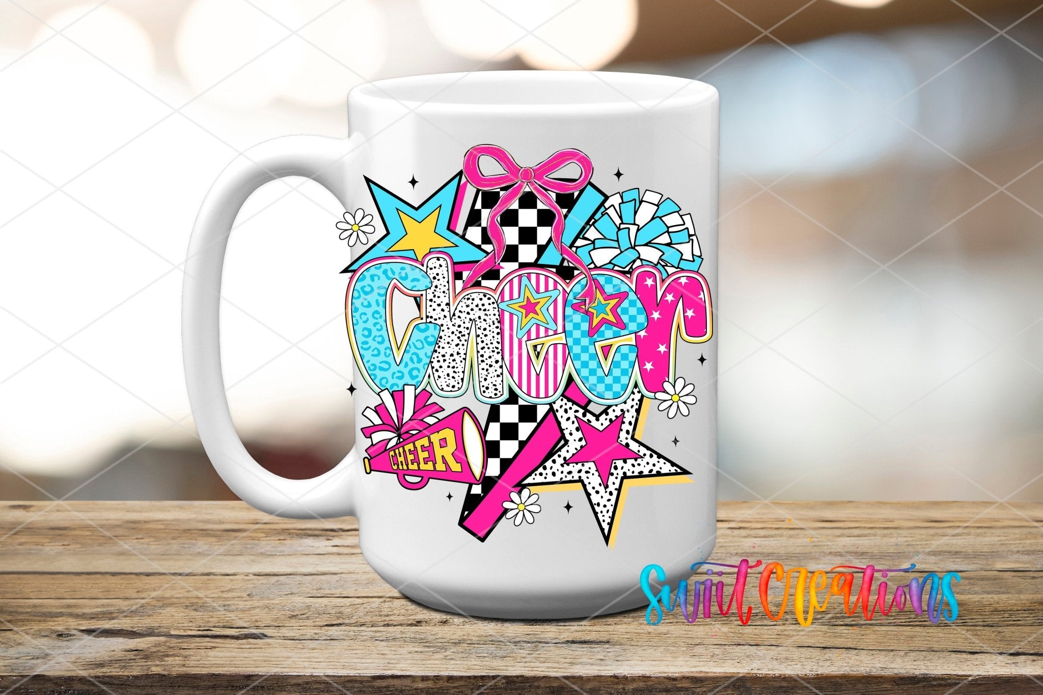 Cheer UV DTF transfer displayed on a white ceramic mug from Swiit Creations