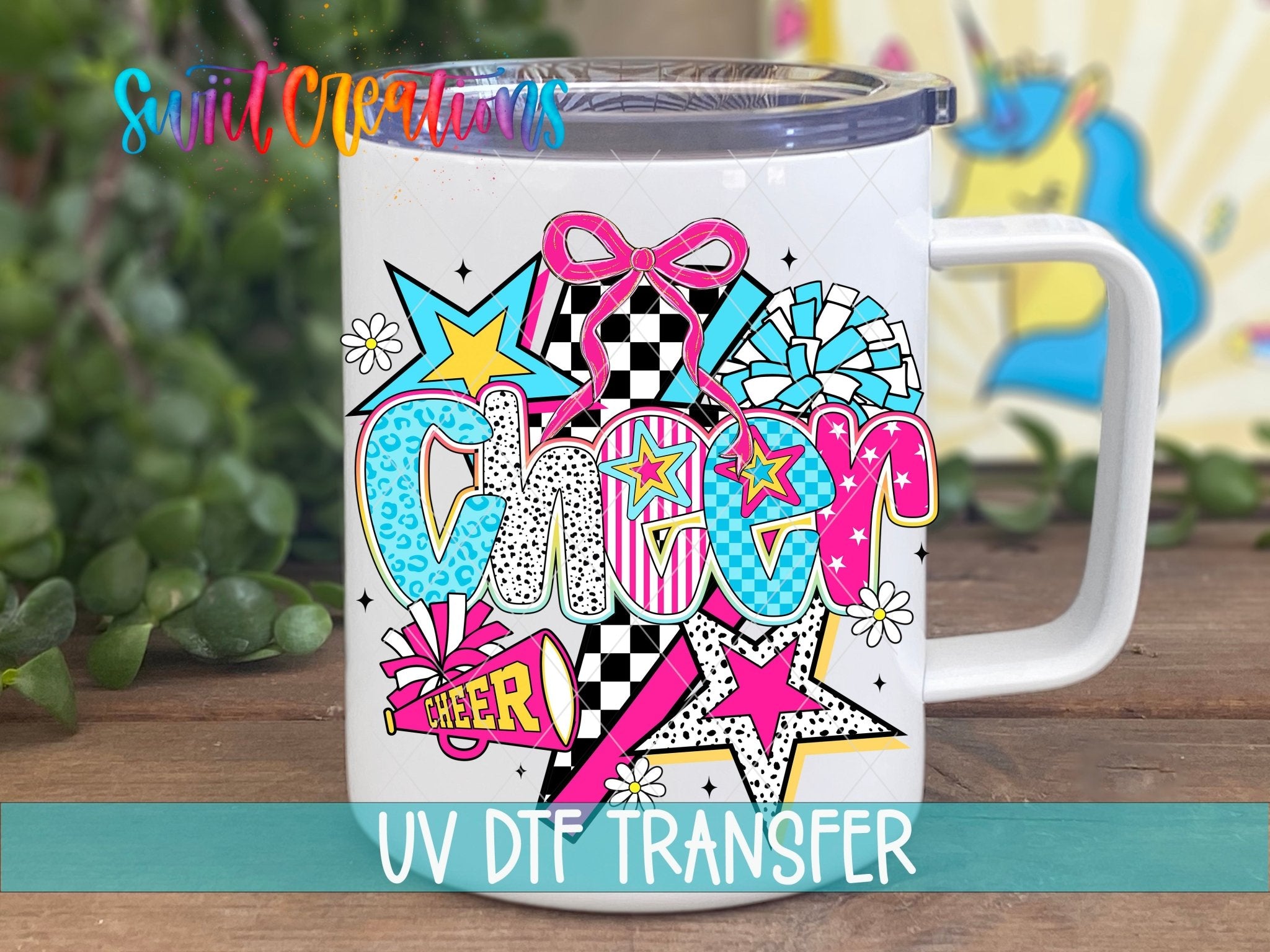 Cheer UV DTF transfer displayed on a white coffee mug from Swiit Creations
