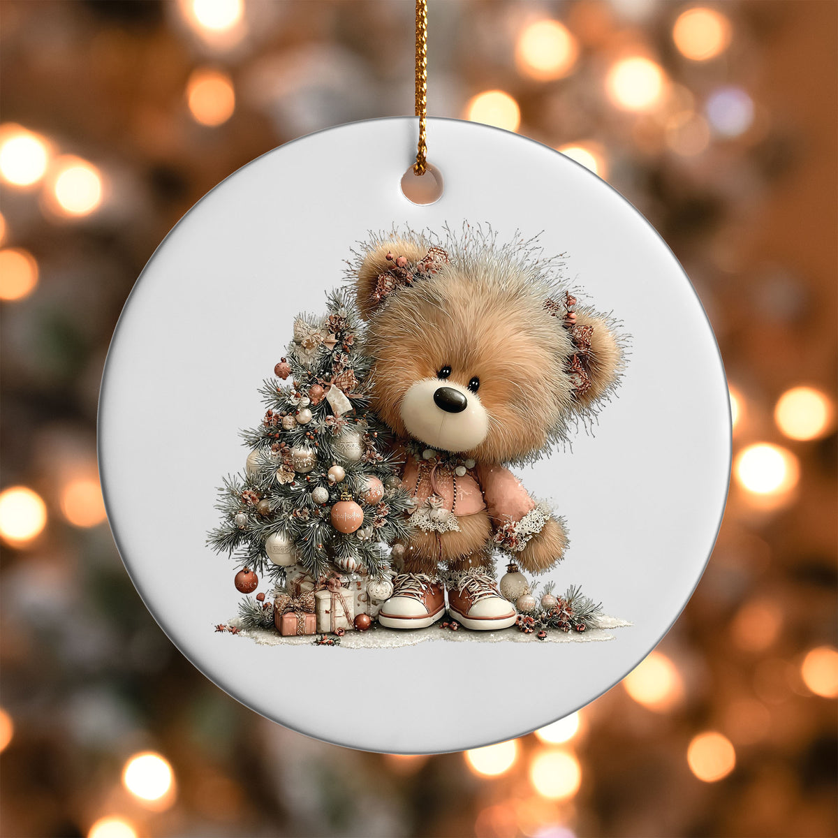 Christmas Bear with Tree ornament UV DTF transfer on a round white ornament with a bokeh light background