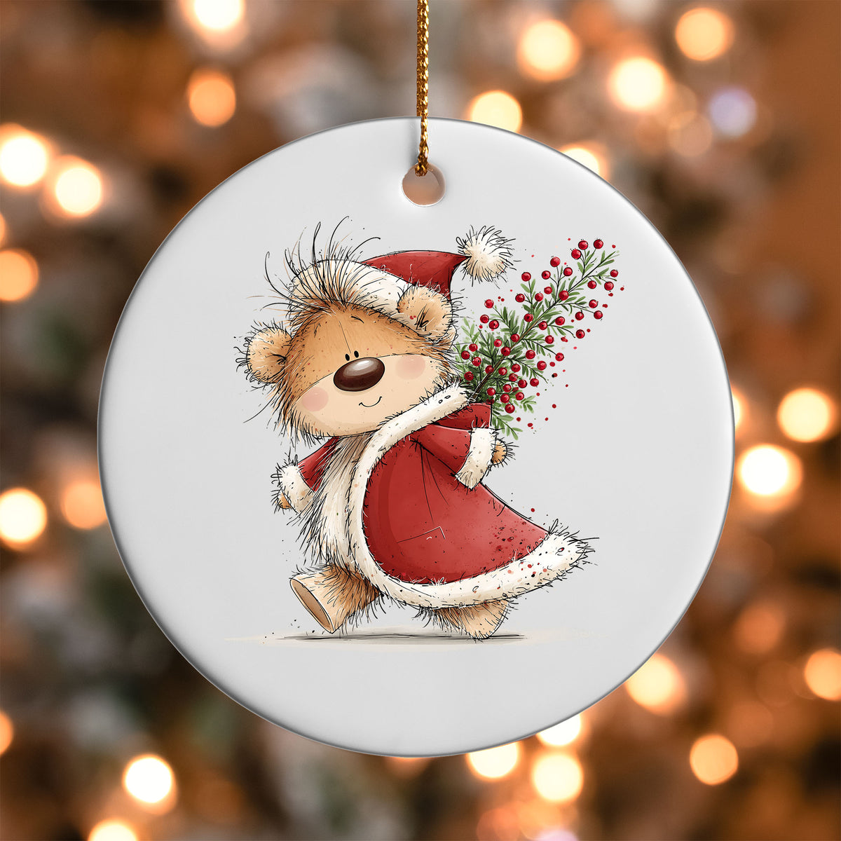 Christmas Berry Sack Teddy Bear ornament UV DTF transfer on a round white ornament with a bokeh light background
