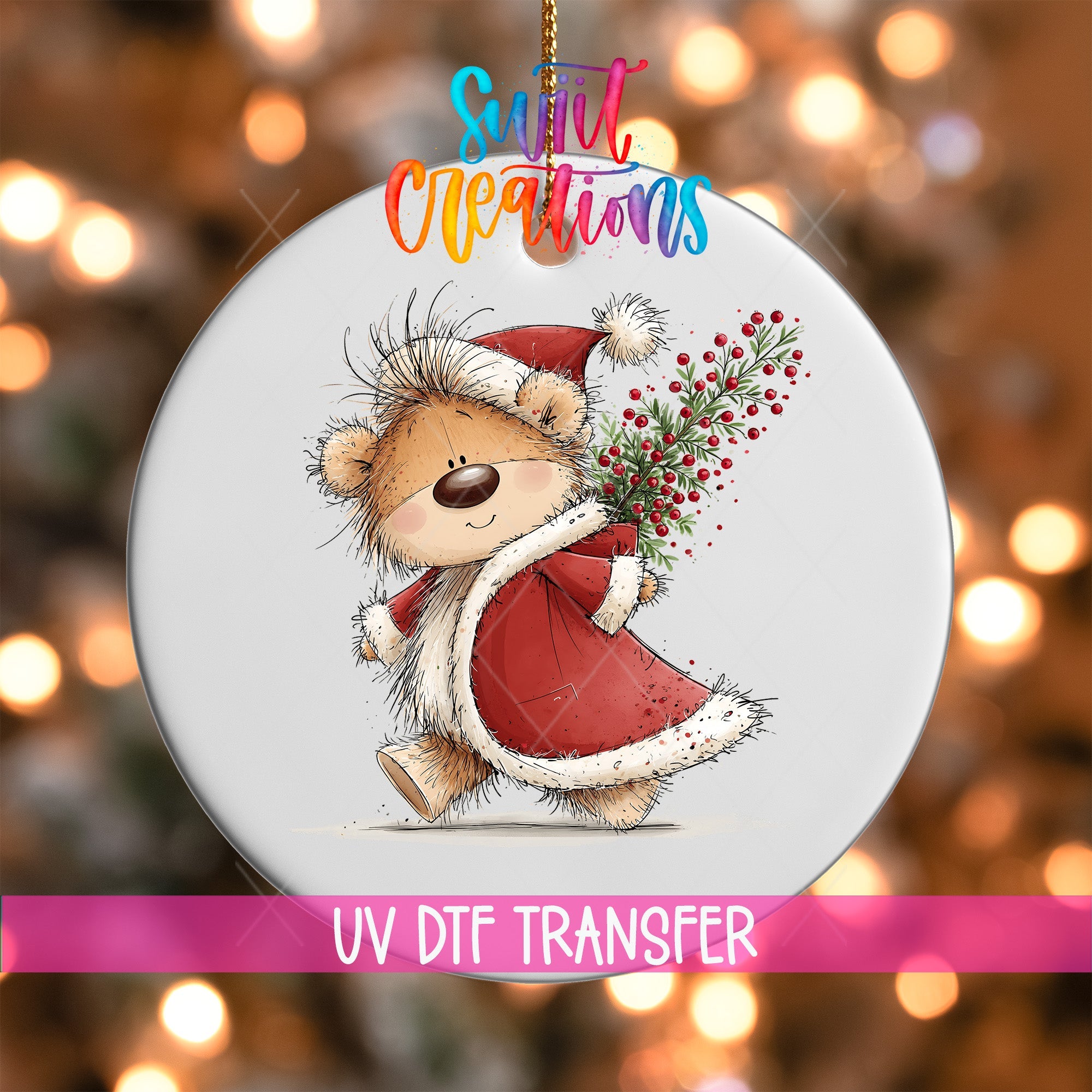 Christmas Berry Sack Teddy Bear Ornament UV DTF Transfer | Santa Bear Carrying Festive Greenery | O-2175 - Swiit Creations