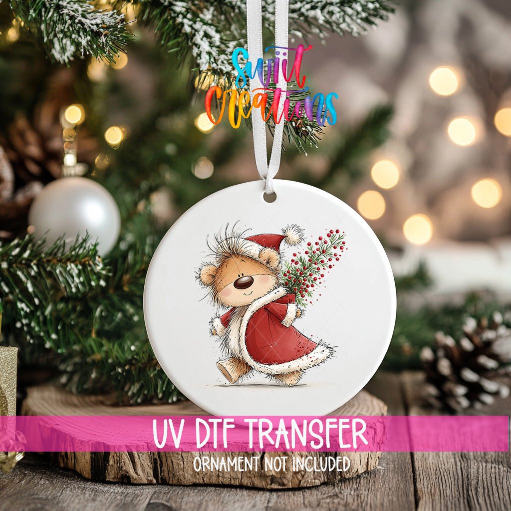 Christmas Berry Sack Teddy Bear Ornament UV DTF Transfer | Santa Bear Carrying Festive Greenery | O-2175 - Swiit Creations