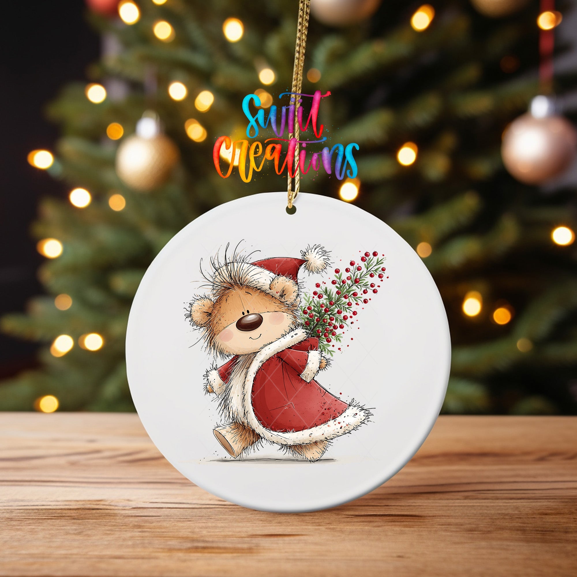Christmas Berry Sack Teddy Bear Ornament UV DTF Transfer | Santa Bear Carrying Festive Greenery | O-2175 - Swiit Creations