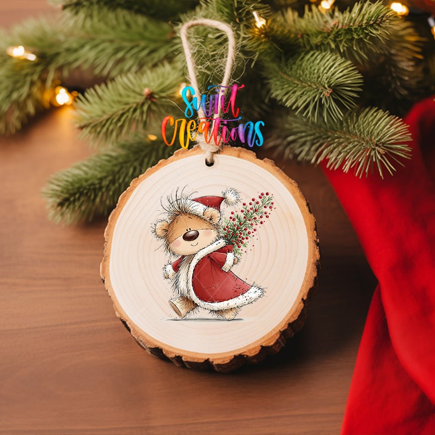 Christmas Berry Sack Teddy Bear Ornament UV DTF Transfer | Santa Bear Carrying Festive Greenery | O-2175 - Swiit Creations