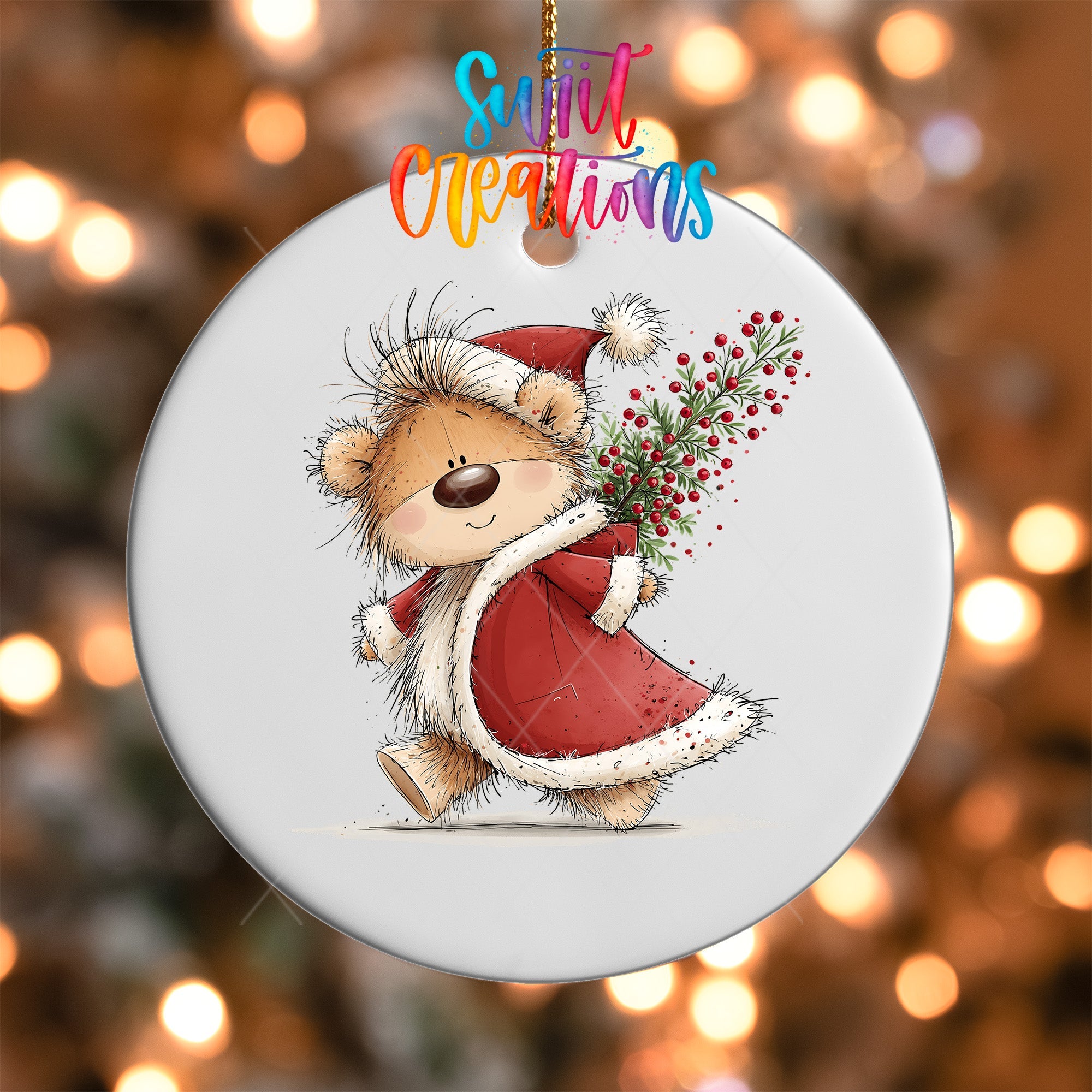 Christmas Berry Sack Teddy Bear Ornament UV DTF Transfer | Santa Bear Carrying Festive Greenery | O-2175 - Swiit Creations