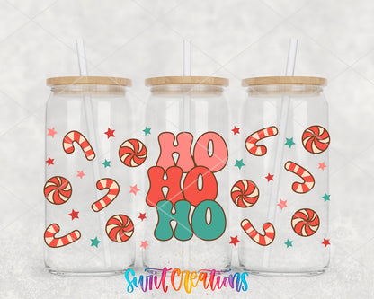 Ho Ho Ho UV DTF full wrap on three glass cans