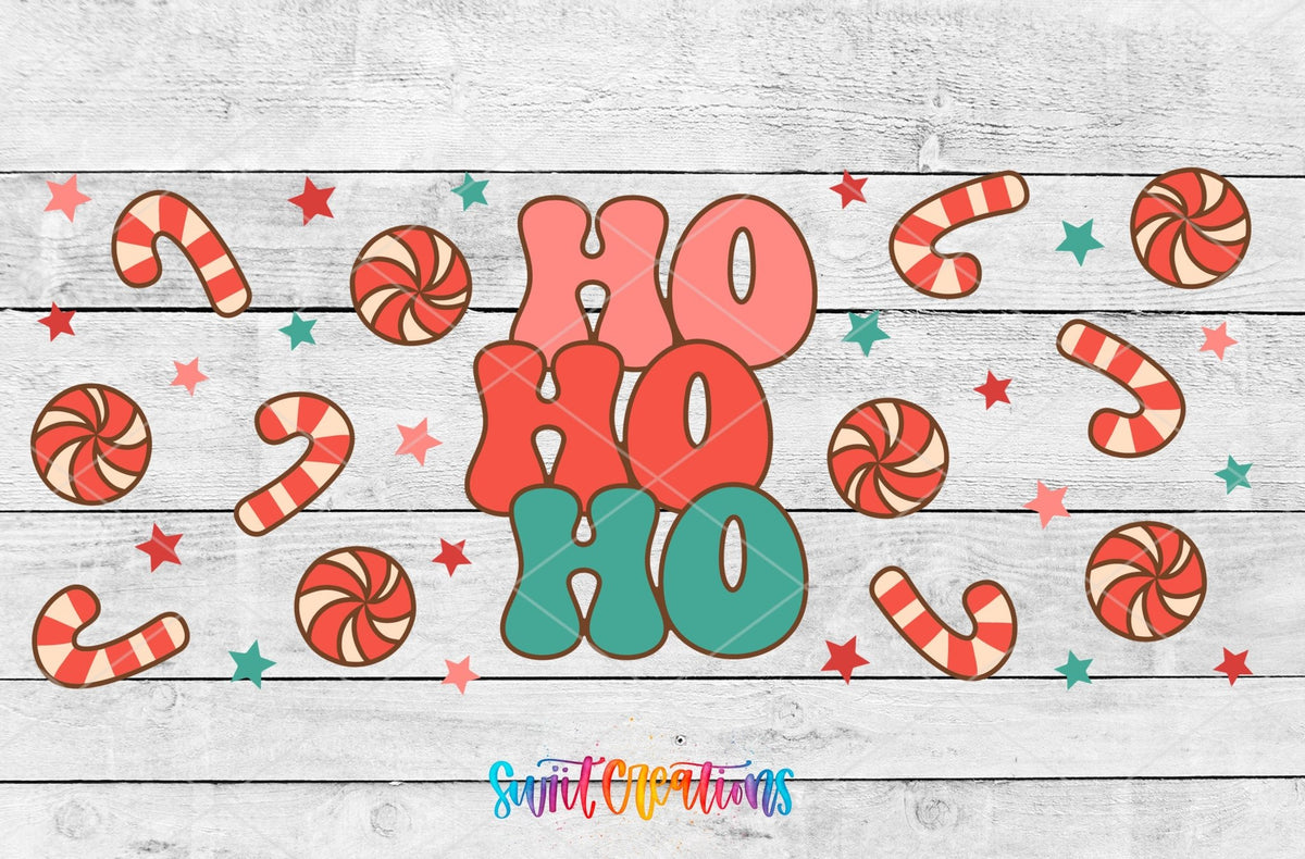 Ho Ho Ho UV DTF full wrap artwork on a white wood background