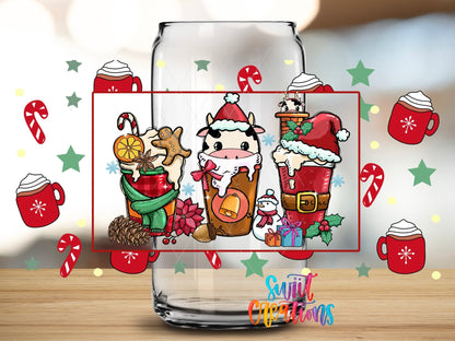Close-up of the Christmas Coffee Cow UV DTF full wrap on a clear glass can