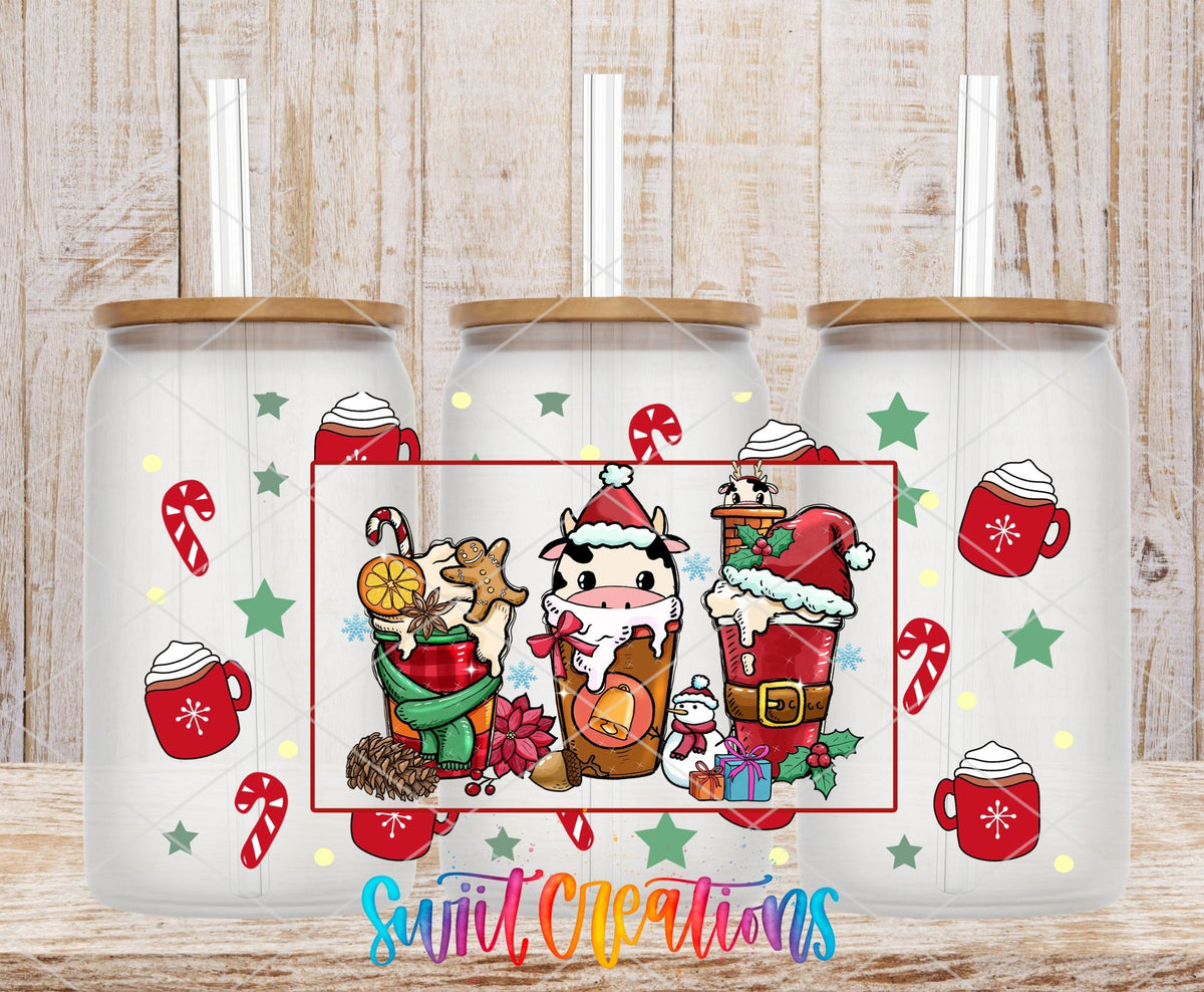 Christmas Coffee Cow UV DTF full wrap on three clear glass cans with bamboo lids