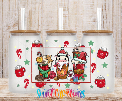 Christmas Coffee Cow UV DTF full wrap on three clear glass cans with bamboo lids