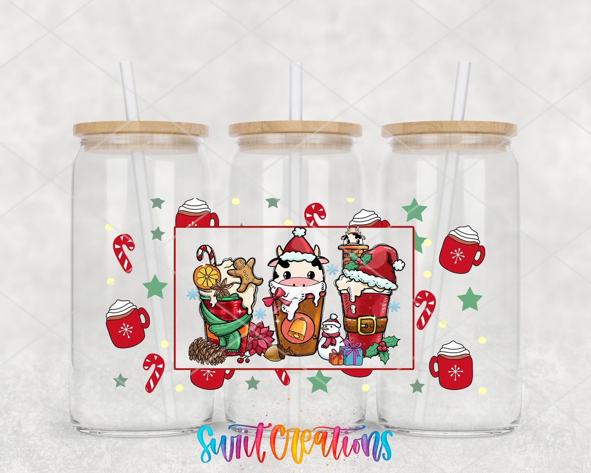 Christmas Coffee Cow UV DTF full wrap on three glass cans