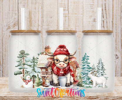 Christmas Highland Cow UV DTF full wrap on three clear glass cans with bamboo lids
