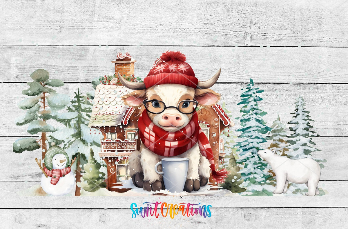 Christmas Highland Cow UV DTF full wrap artwork on a white wood background