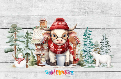 Christmas Highland Cow UV DTF full wrap artwork on a white wood background