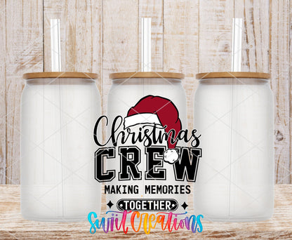 Christmas Crew UV DTF transfer on frosted glass cans with bamboo lids