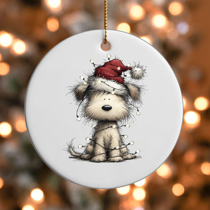 Christmas Dog with Lights ornament UV DTF transfer on a round white ornament with a bokeh light background