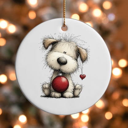 Christmas Dog with Red Ornament ornament UV DTF transfer on a round white ornament with a bokeh light background