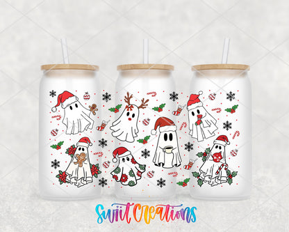 Christmas Ghosts UV DTF full wrap on three frosted glass cans