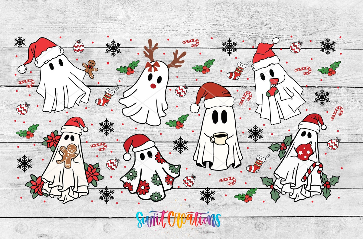 Christmas Ghosts UV DTF full wrap artwork on a white wood background