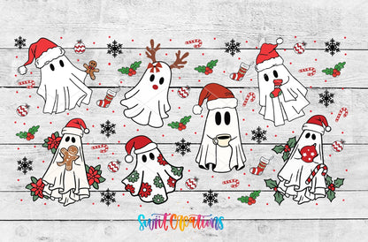 Christmas Ghosts UV DTF full wrap artwork on a white wood background