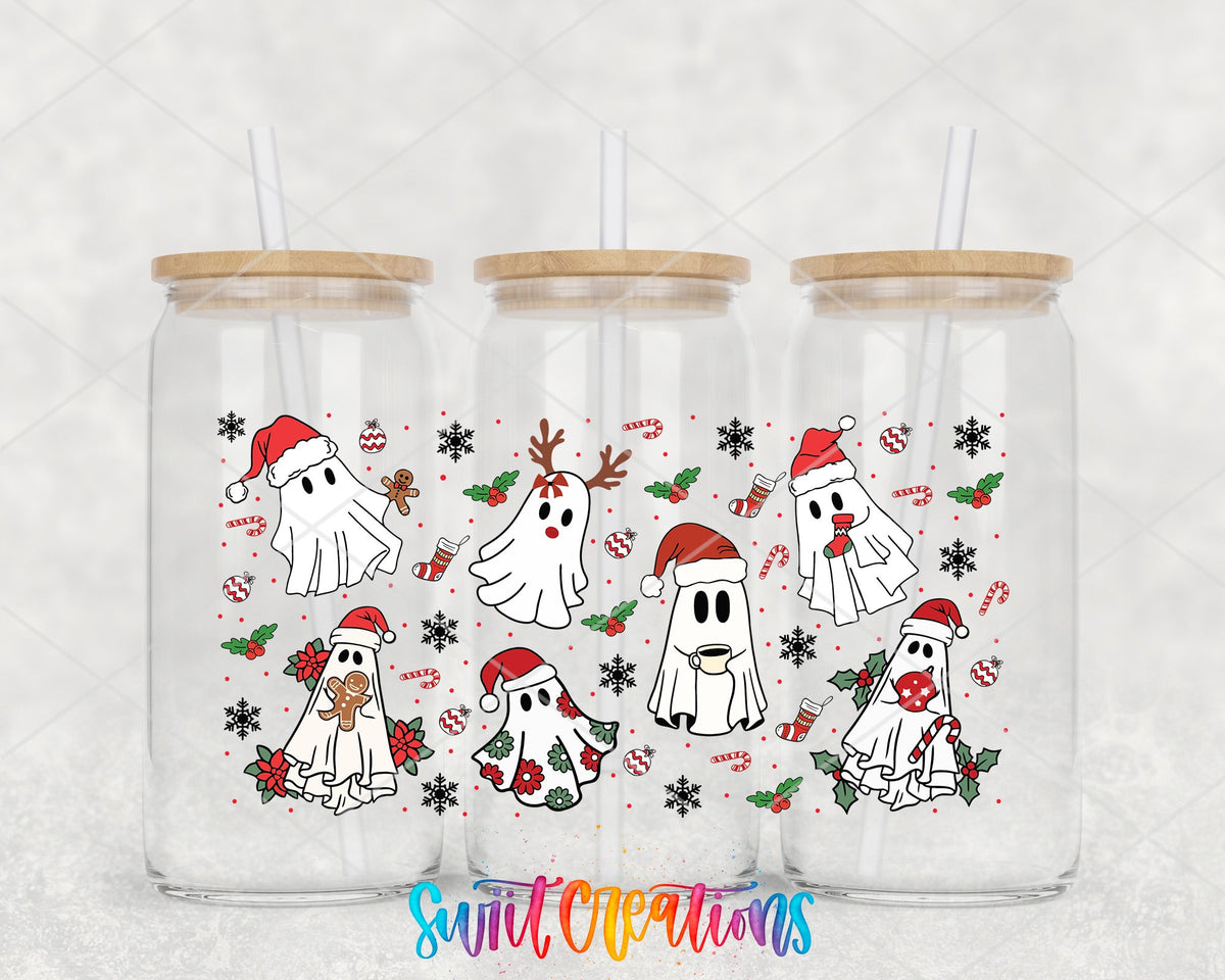 Christmas Ghosts UV DTF full wrap on three glass cans
