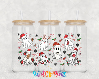 Christmas Ghosts UV DTF full wrap on three glass cans