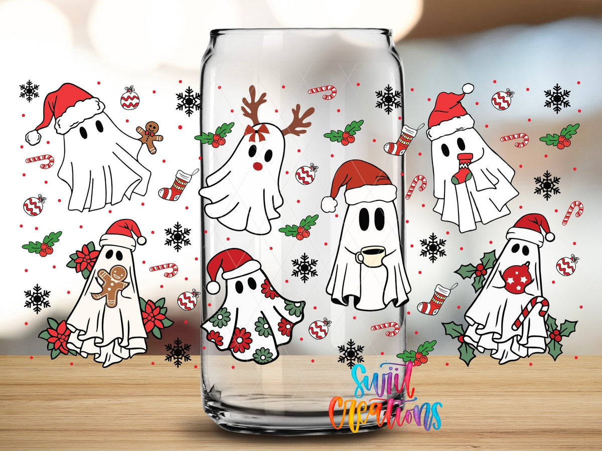 Close-up of the Christmas Ghosts UV DTF full wrap on a clear glass can