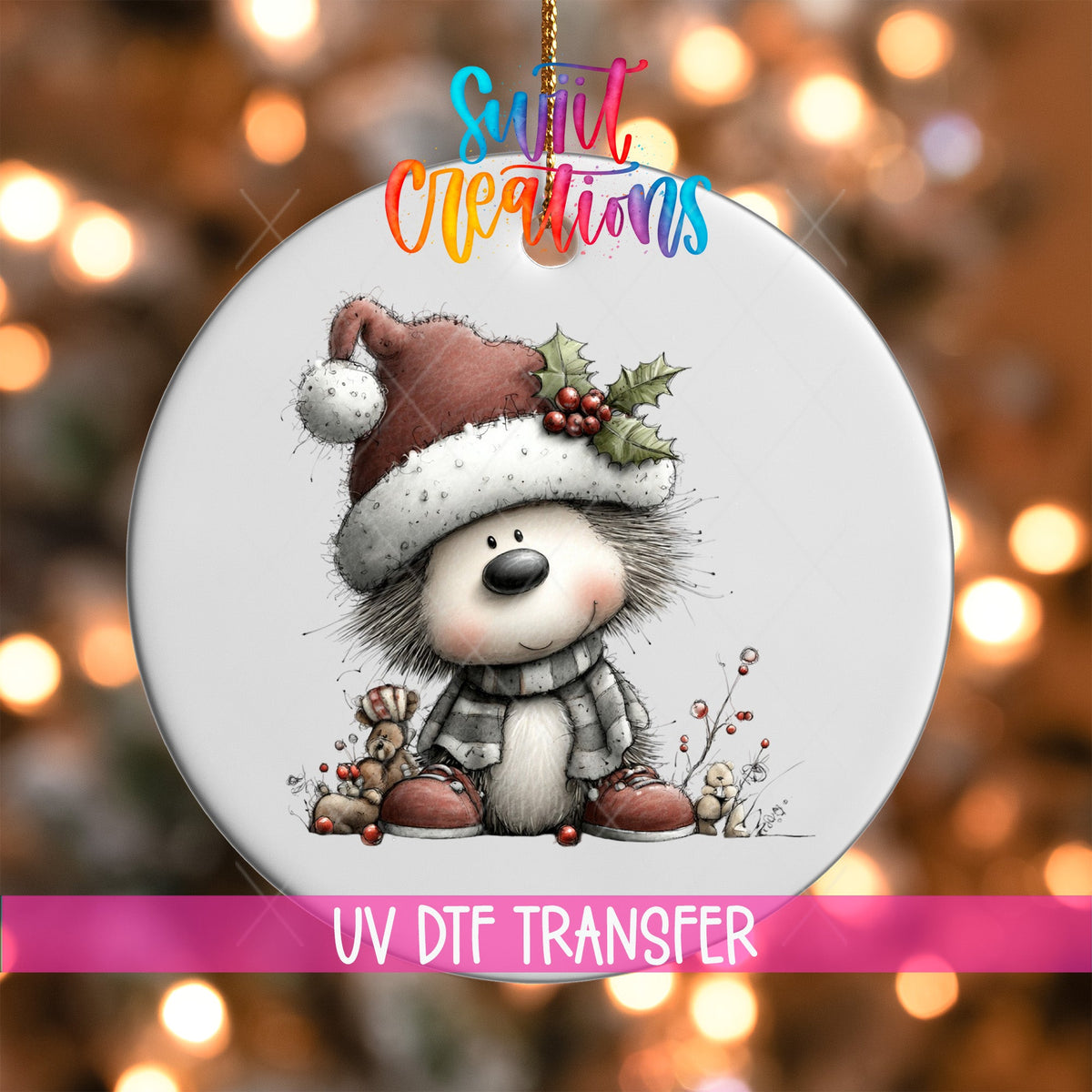 Christmas Hedgehog UV DTF Ornament Transfer | O-1762 - Swiit Creations