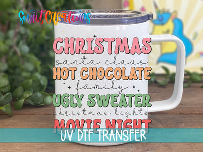 Christmas Hot Chocolate UV DTF transfer on a white stainless steel mug with a lid