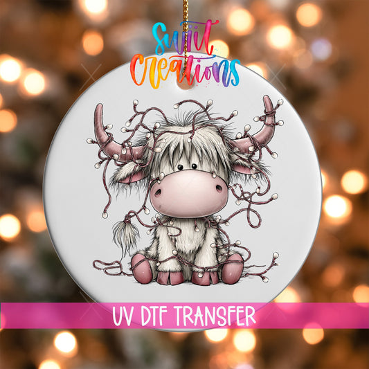 Christmas Lights Highland Cow Ornament UV DTF Transfer | Cute Pink Cow Tangled in Holiday Lights | O-2159 - Swiit Creations