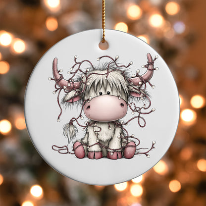 Christmas Lights Highland Cow ornament UV DTF transfer on a round white ornament with a bokeh light background