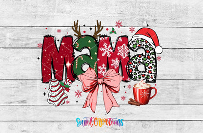Christmas Mama UV DTF transfer artwork on a white wood background