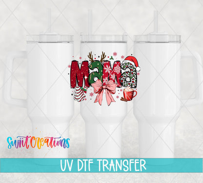 Christmas Mama UV DTF transfer on white 40 oz tumblers