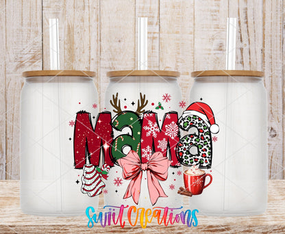 Christmas Mama UV DTF transfer on frosted glass cans with bamboo lids