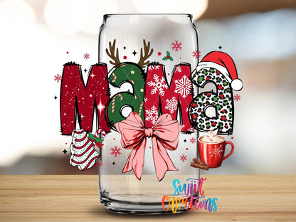Close-up of the Christmas Mama UV DTF transfer on a clear glass can