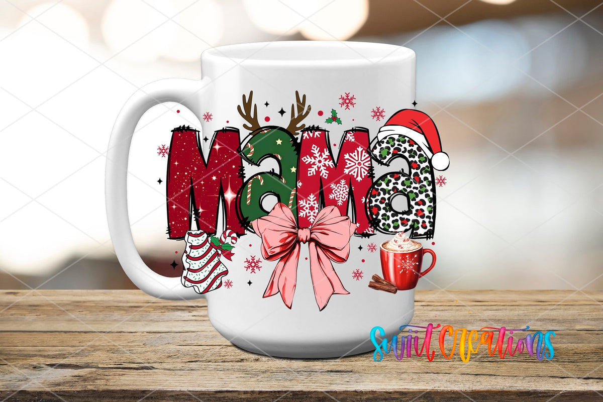 Christmas Mama UV DTF transfer on a white ceramic coffee mug