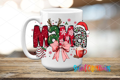 Christmas Mama UV DTF transfer on a white ceramic coffee mug