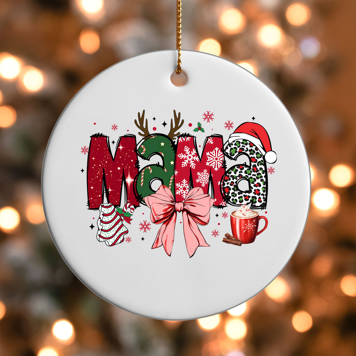 Christmas Mama ornament UV DTF transfer on a round white ornament with a bokeh light background
