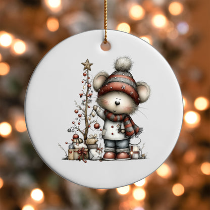 Christmas Mouse ornament UV DTF transfer on a round white ornament with a bokeh light background
