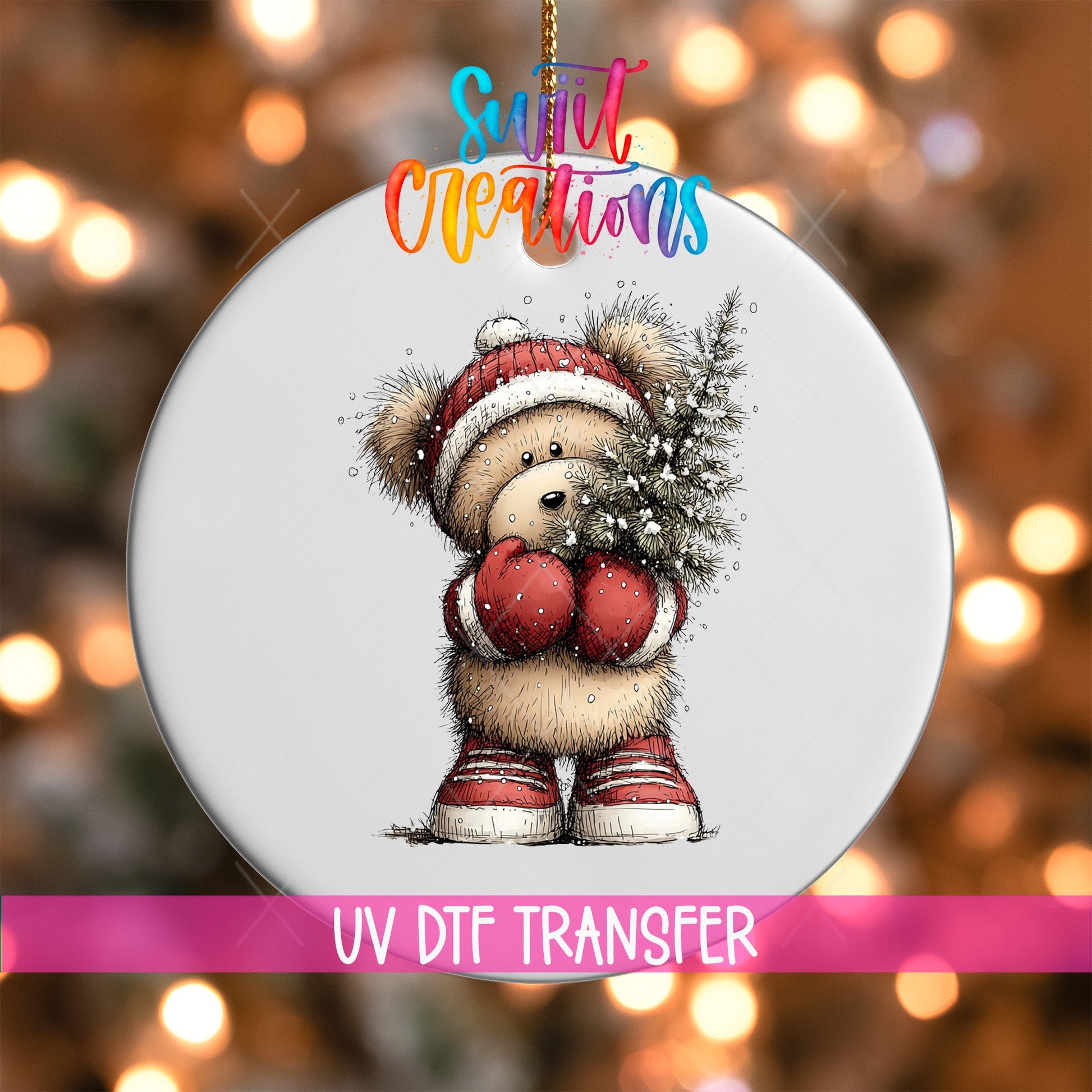 Christmas Ornament Decals - Woodland Bear Holding Tree UV DTF Transfer Holiday Decor | O-1868 - Swiit Creations
