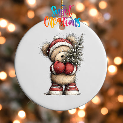 Christmas Ornament Decals - Woodland Bear Holding Tree UV DTF Transfer Holiday Decor | O-1868 - Swiit Creations