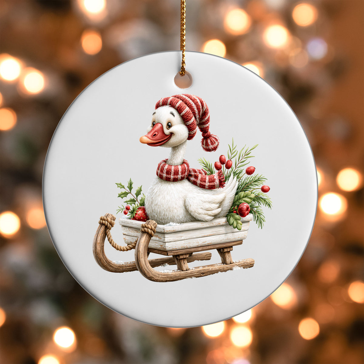 Christmas Sleigh Goose ornament UV DTF transfer on a round white ornament with a bokeh light background