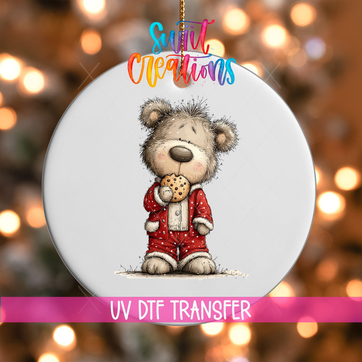 Christmas Teddy Bear in Pajamas UV DTF Ornament Transfer | O-1782 - Swiit Creations