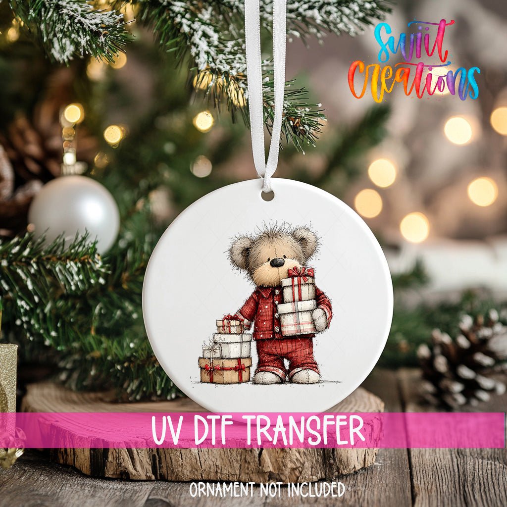 Christmas Teddy Bear UV DTF Ornament Tranansfer | Cute Holiday Bear Transfer | O-1787 - Swiit Creations