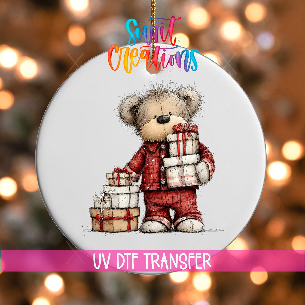 Christmas Teddy Bear UV DTF Ornament Tranansfer | Cute Holiday Bear Transfer | O-1787 - Swiit Creations
