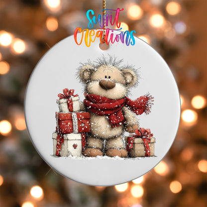 Close-up of the Teddy Bear with Gifts UV DTF transfer on a round white ornament